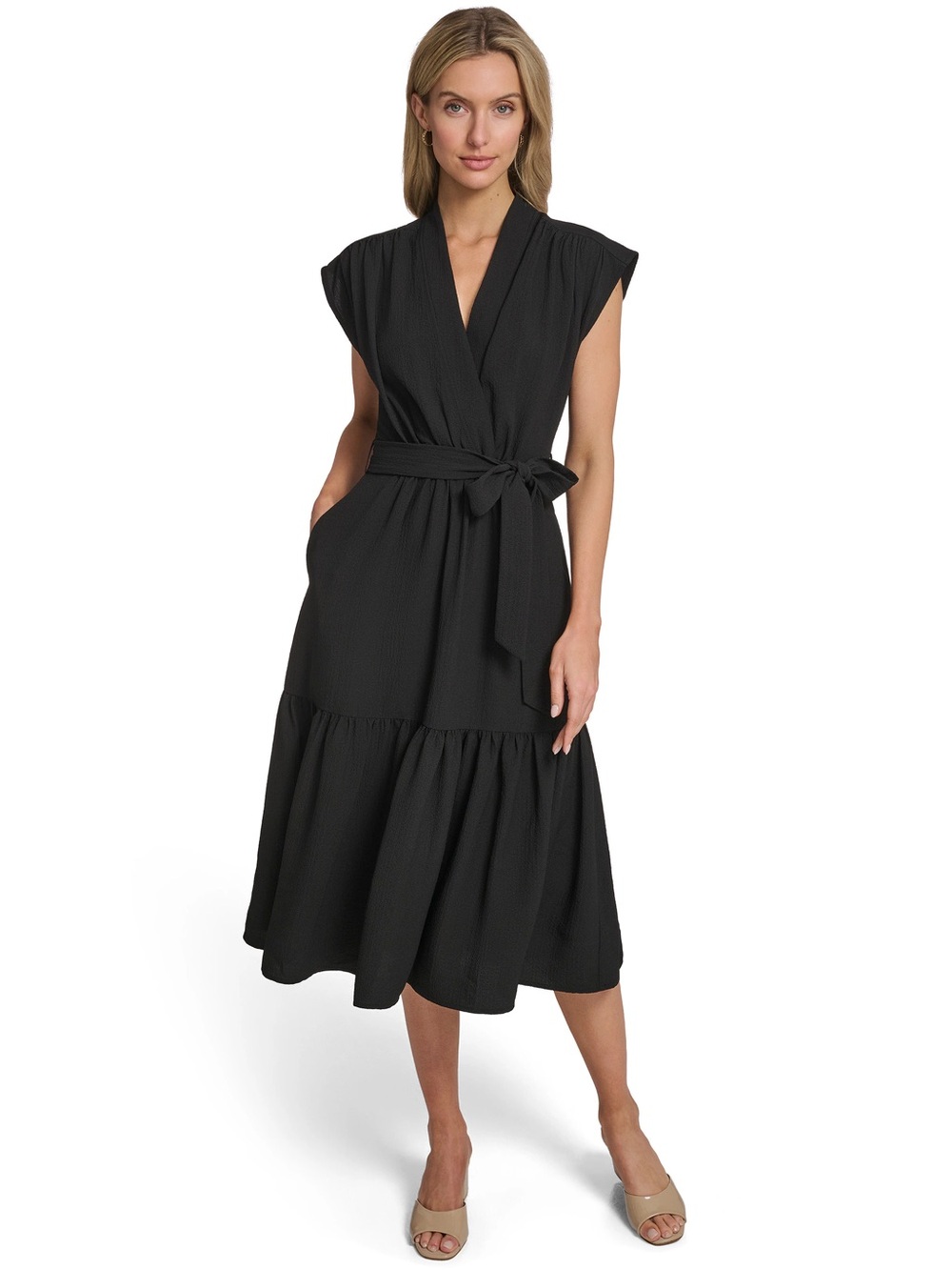 Calvin Klein Black Tie-Waist V-Neck Midi Dress